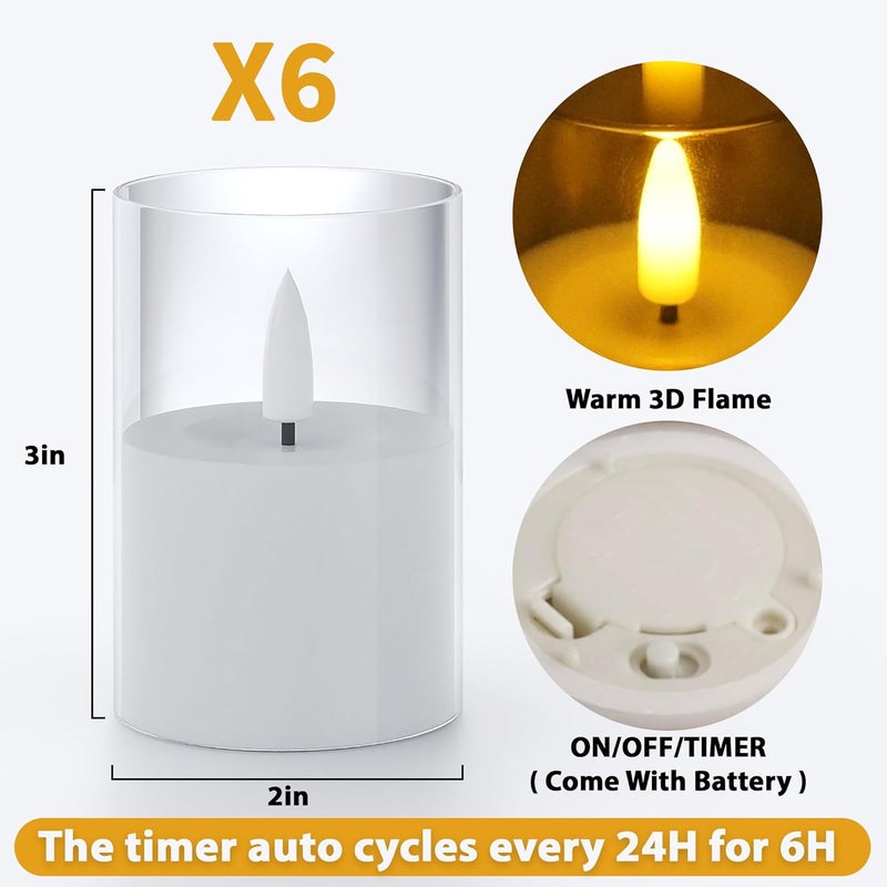 VIODAIM 6Pack Flickering Flameless LED Candles with Timer, Battery Powered - Small Pillar & Votive, Clear (2"X3") - Image 3